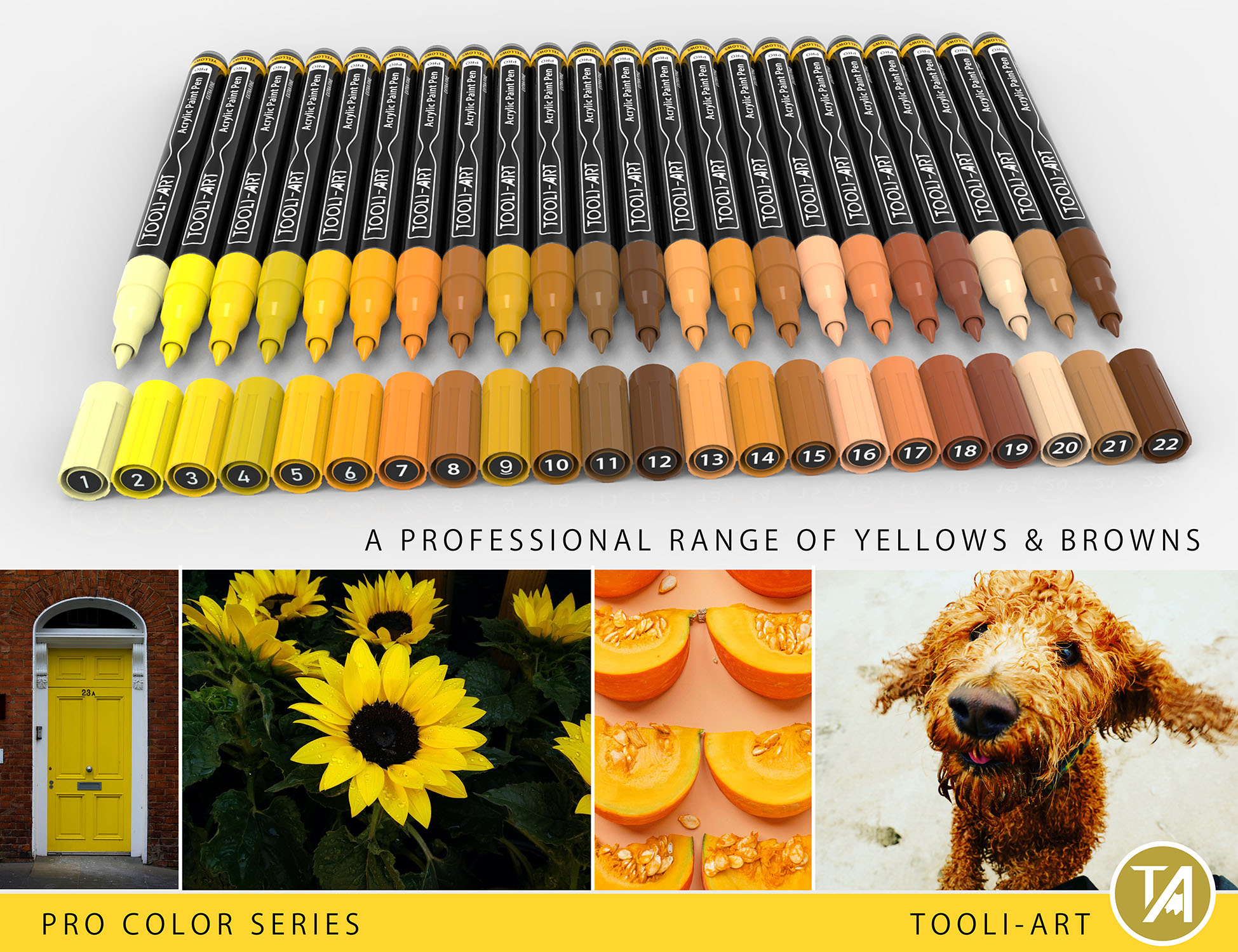 Acrylic Paint Pens 22 Assorted Yellow/Brown Pro Color Series Markers Set 0.7mm Extra Fine Tip for Rock Painting, Glass, Mugs, Wood, Metal, Canvas, DIY